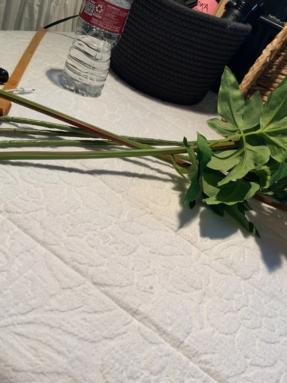 5 Faux floral stems-blue Delphiums, peachy pink peonies.